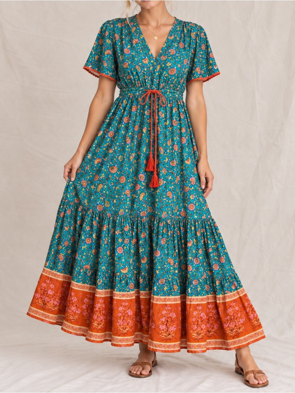 NWT R.Vivimos Boho Floral Midi Dress Teal Orange Tassel Waist Small 4/6